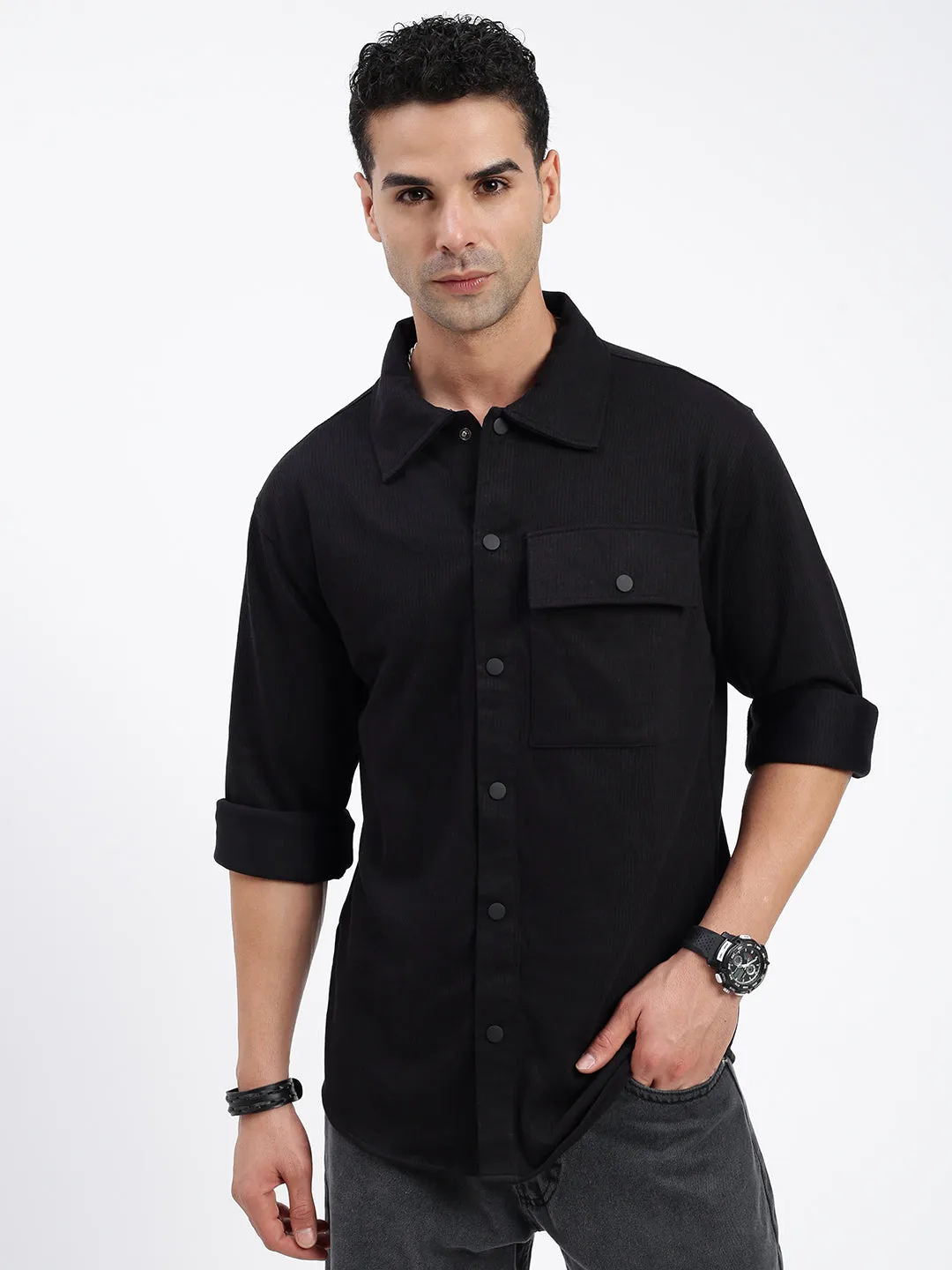 Men's Black Standard Slim Fit Opaque Casual Solid Shirt Sunset Scene