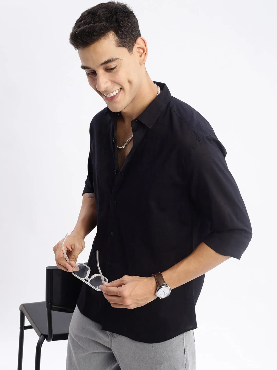 Men's Black Standard Slim Fit Opaque Cotton Casual Shirt Fall Core Light Pants