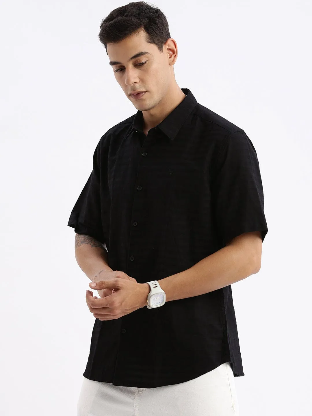 Men's Black Standard Slim Fit Spread Collar Twill Weave Cotton Shirt Casual Sweatshirt Wave Core