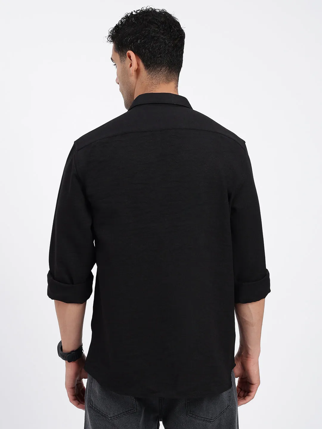Wild Mood Seamless construction Men's Black Standard Spread Collar Cotton Casual Solid Shirt