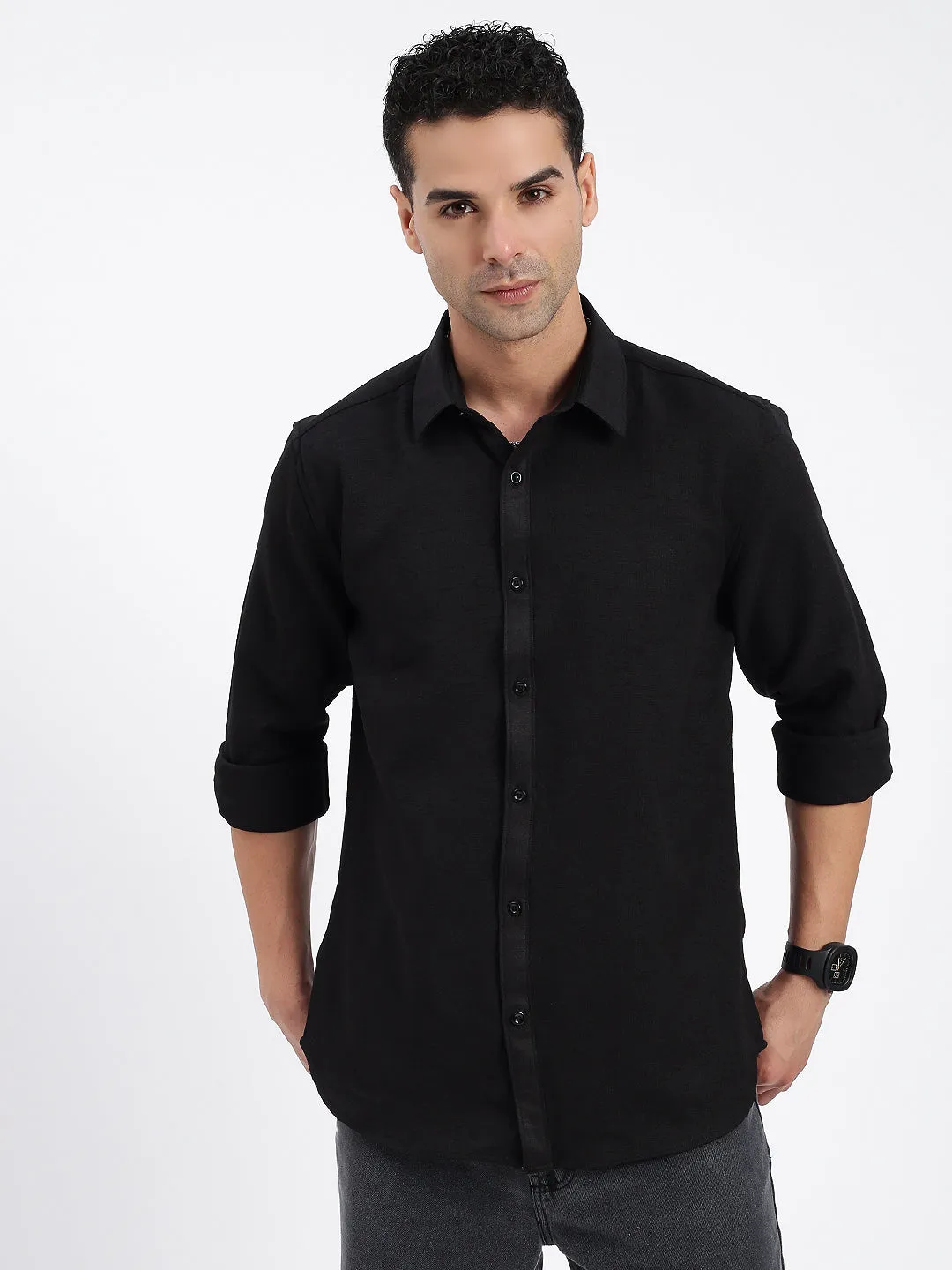 Warm Sweater Elegant Top Men's Black Standard Spread Collar Cotton Casual Solid Shirt