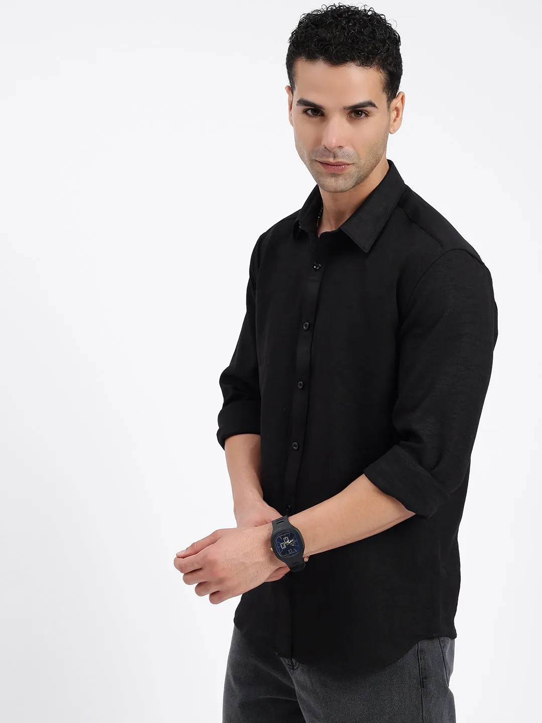 Permanent Crease Men's Black Standard Spread Collar Cotton Casual Solid Shirt