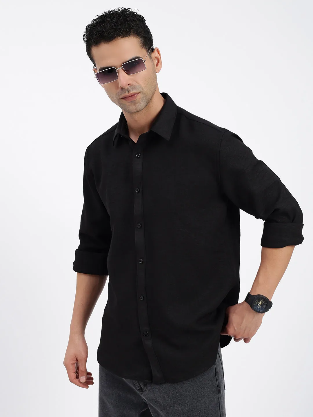 Utility Jacket Men's Black Standard Spread Collar Cotton Casual Solid Shirt