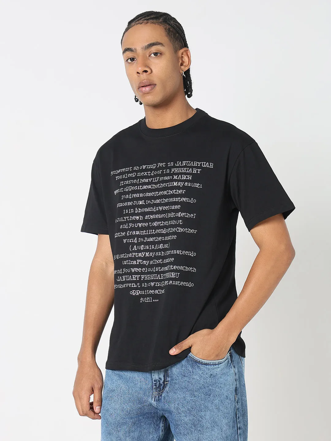 Train Ease Morning Ease Men's Black Stone Embellished Typography T-Shirt