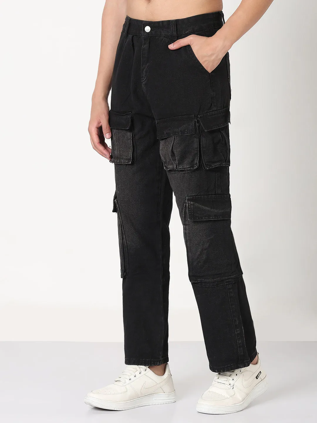 Men's Black Straight Fit Cargo Jeans Eco Conscious Denim