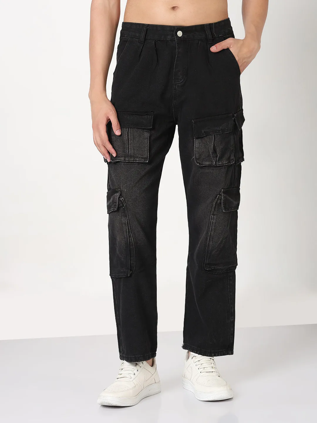 Abrasion Resistance Men's Black Straight Fit Cargo Jeans