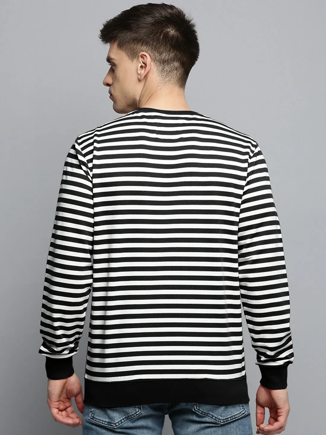 Pockets Streetwear Basics Men's Black Striped Casual Sweatshirt