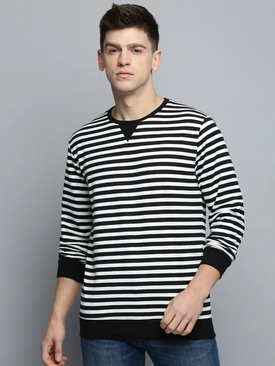 Men's Black Striped Casual Sweatshirt Camping Gear