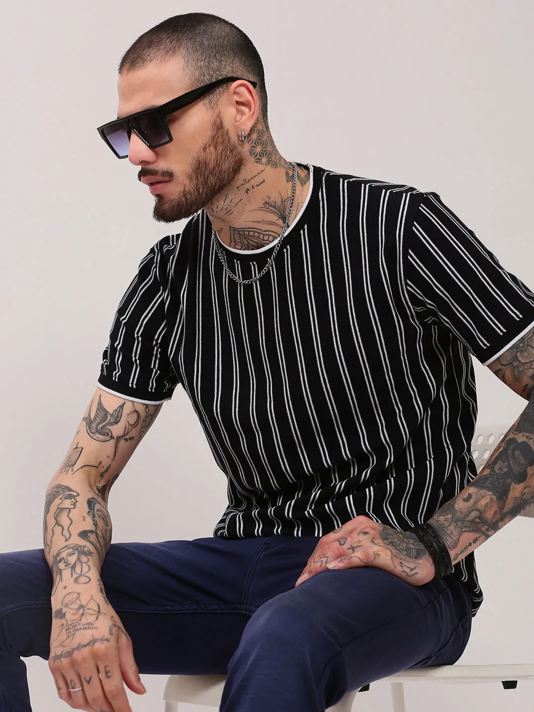Men's Black Striped Round Neck Cotton T-Shirt wedding guest wear full sleeve