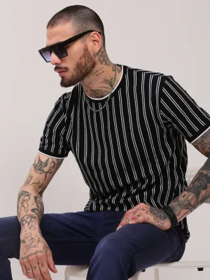 Men's Black Striped Round Neck Cotton T-Shirt wedding guest wear full sleeve