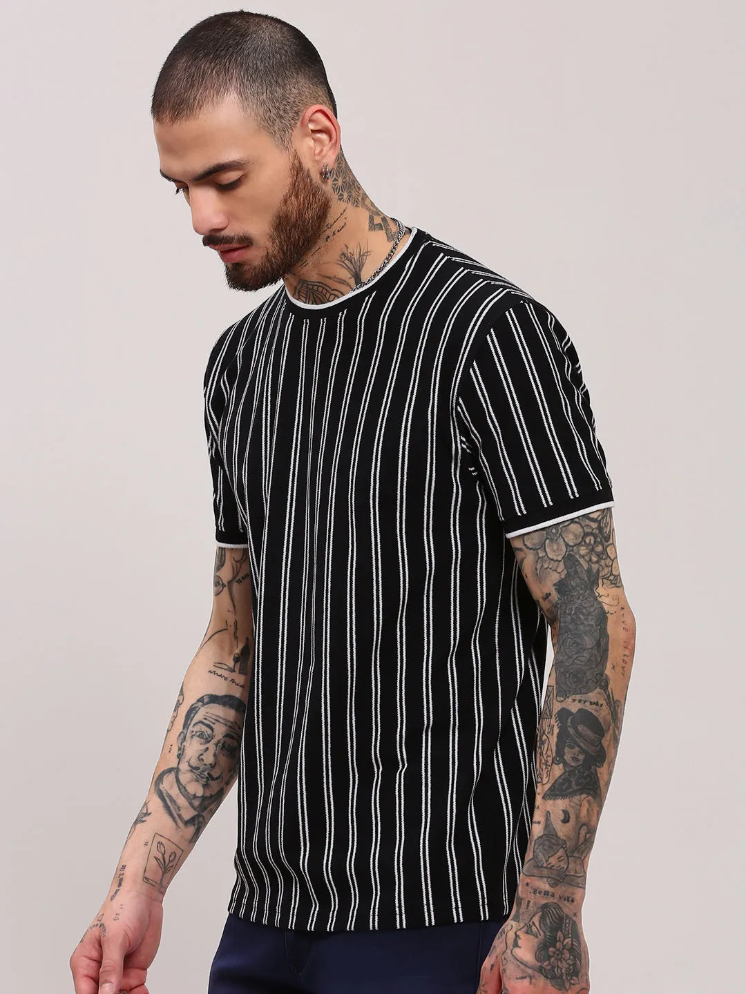 Men's Black Striped Round Neck Cotton T-Shirt Logo Design