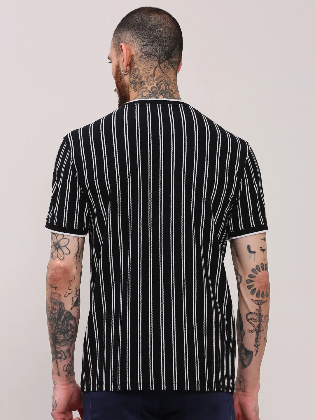hat accents Cozy Top Men's Black Striped Round Neck Cotton T-Shirt