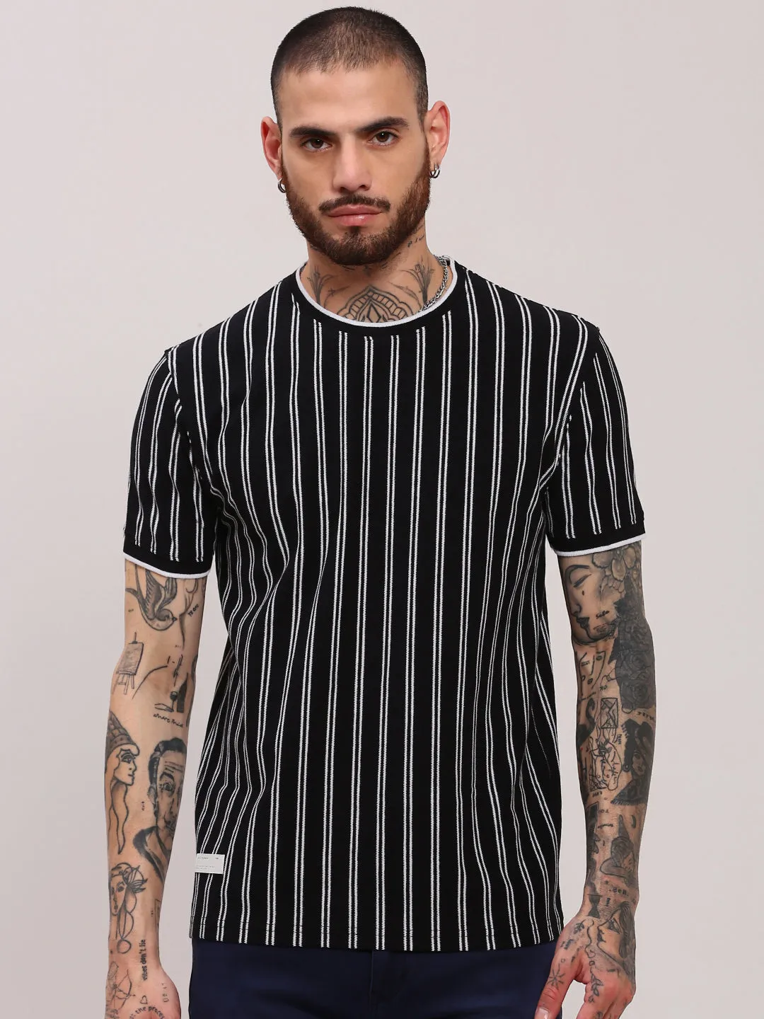 goes with sneakers product houndstooth sophistication Men's Black Striped Round Neck Cotton T-Shirt