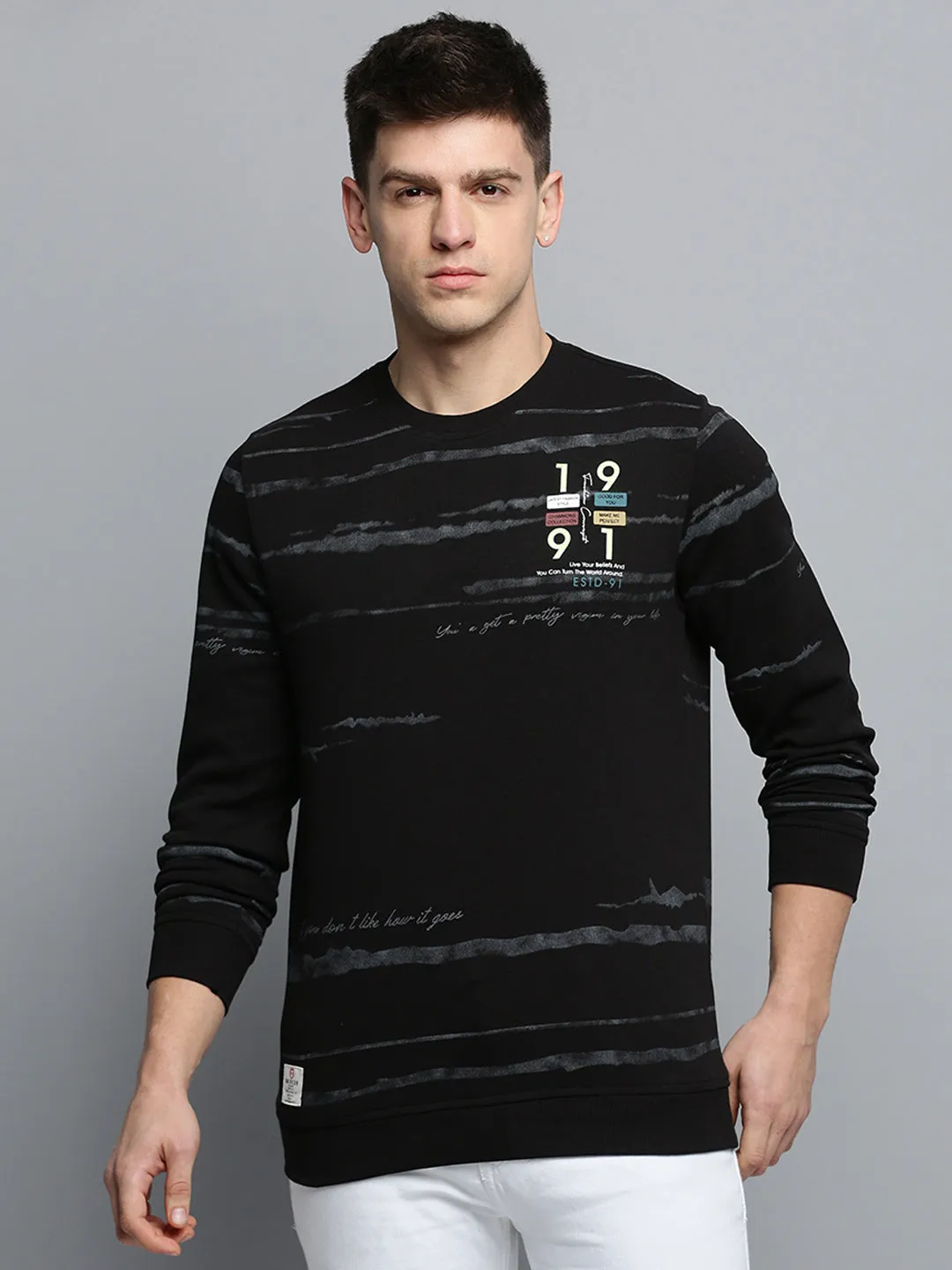 Fashion Wearable Men's Black Typography Printed Cotton Sweatshirt