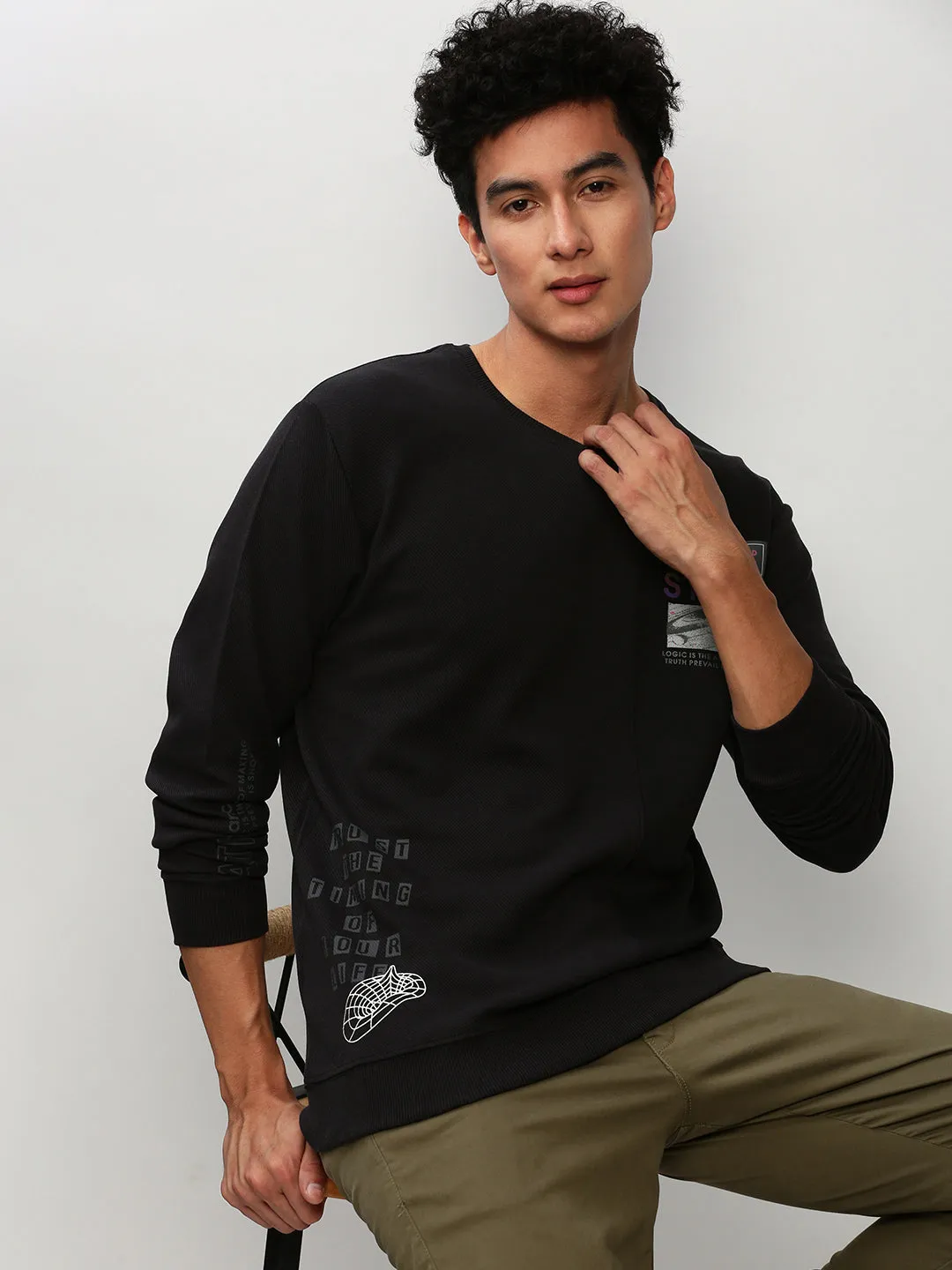 Men's Black Typography Printed Pullover Cotton Sweatshirt product jewelry adornment