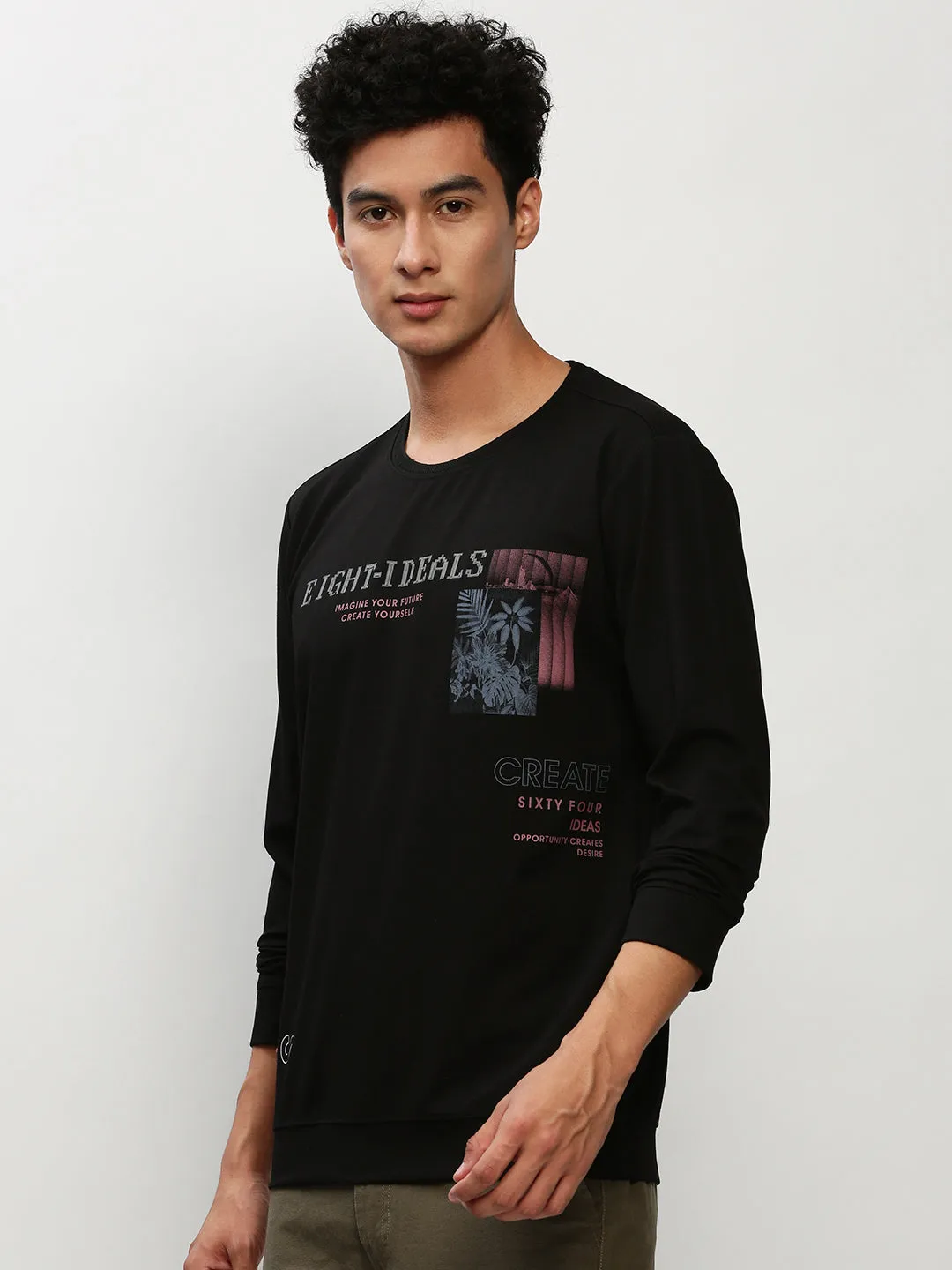 Men's Black Typography Printed Round Neck Cotton Pullover Party Ready