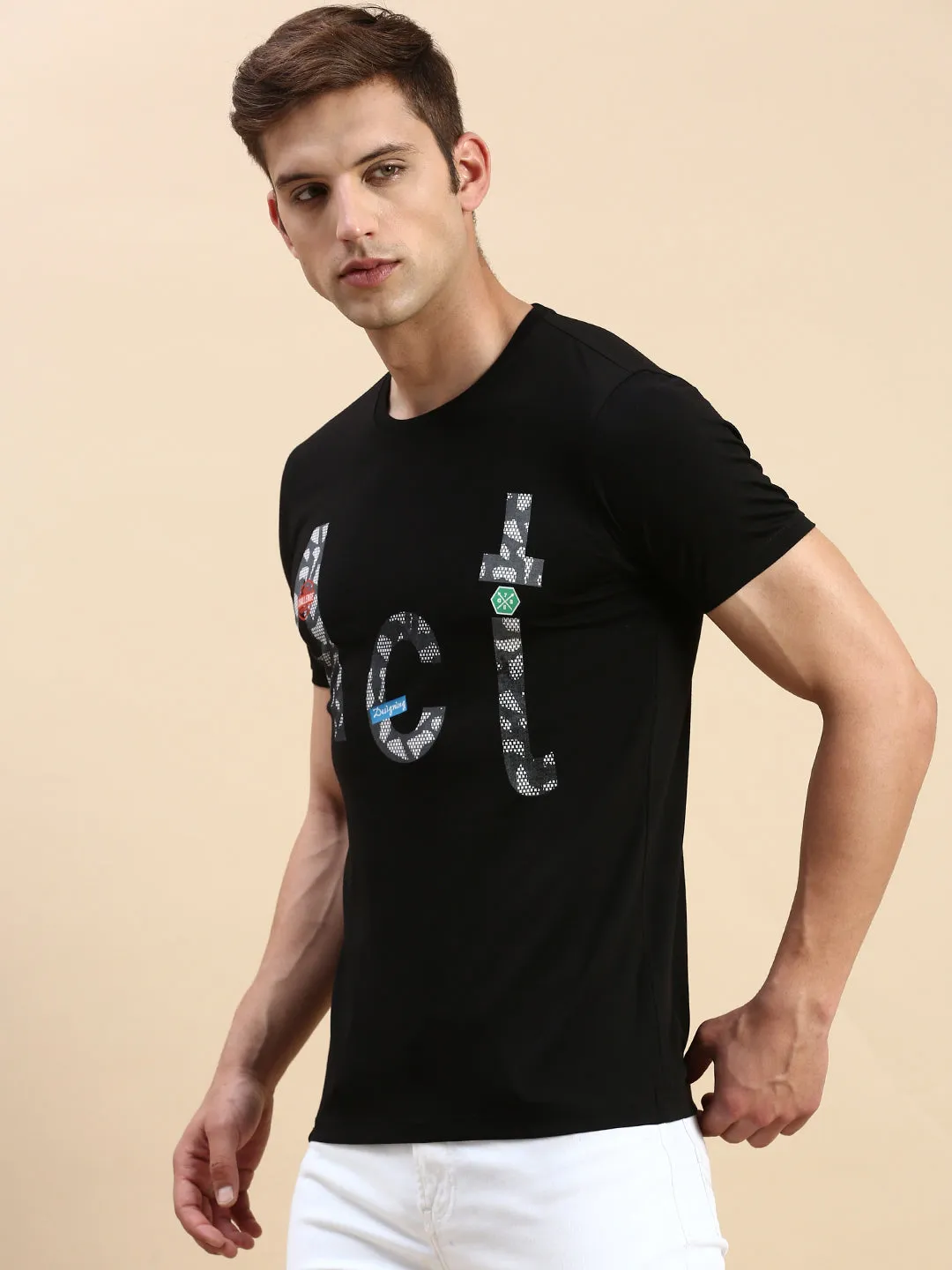 Men's Black Typography Printed Slim Fit T-shirt product smooth sleekness