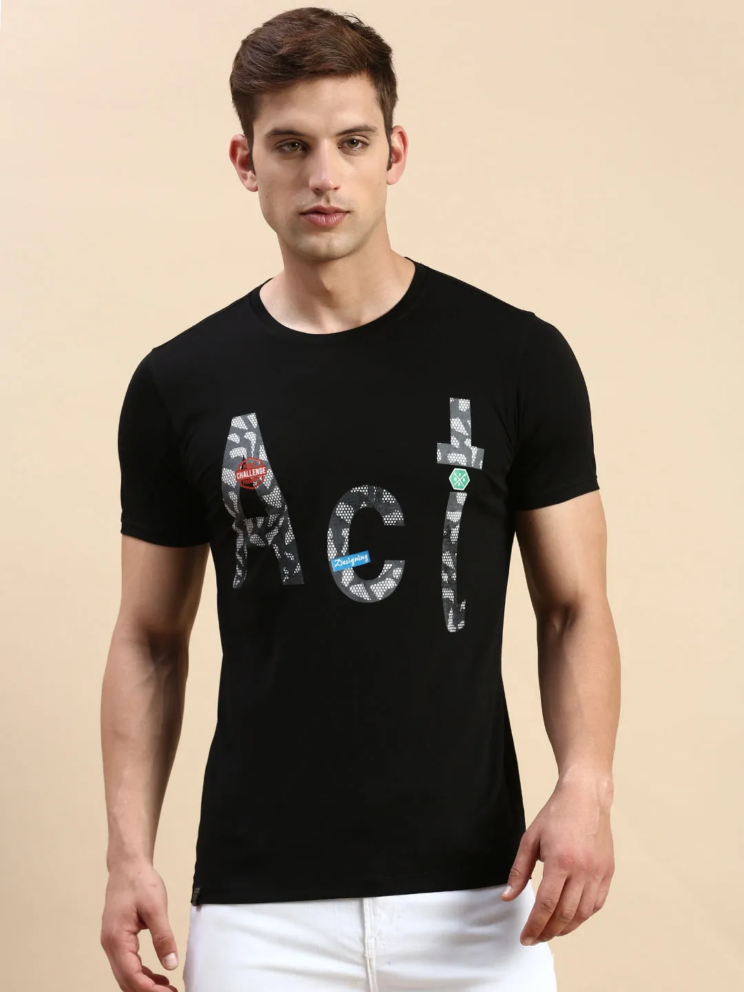 Men's Black Typography Printed Slim Fit T-shirt Effortless Comfort