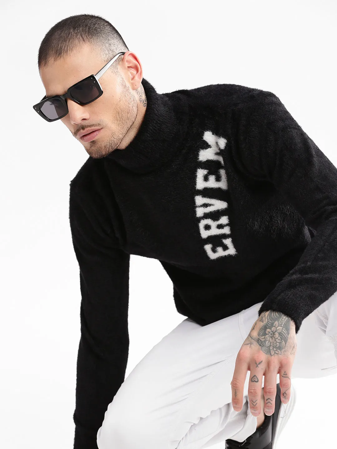 Men's Black Typography Turtle Neck Long Sleeves Pullover Urban Look