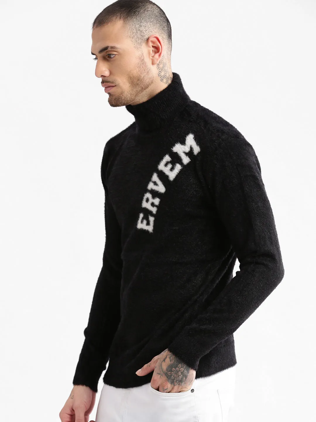 Men's Black Typography Turtle Neck Long Sleeves Pullover Eco Conscious Production