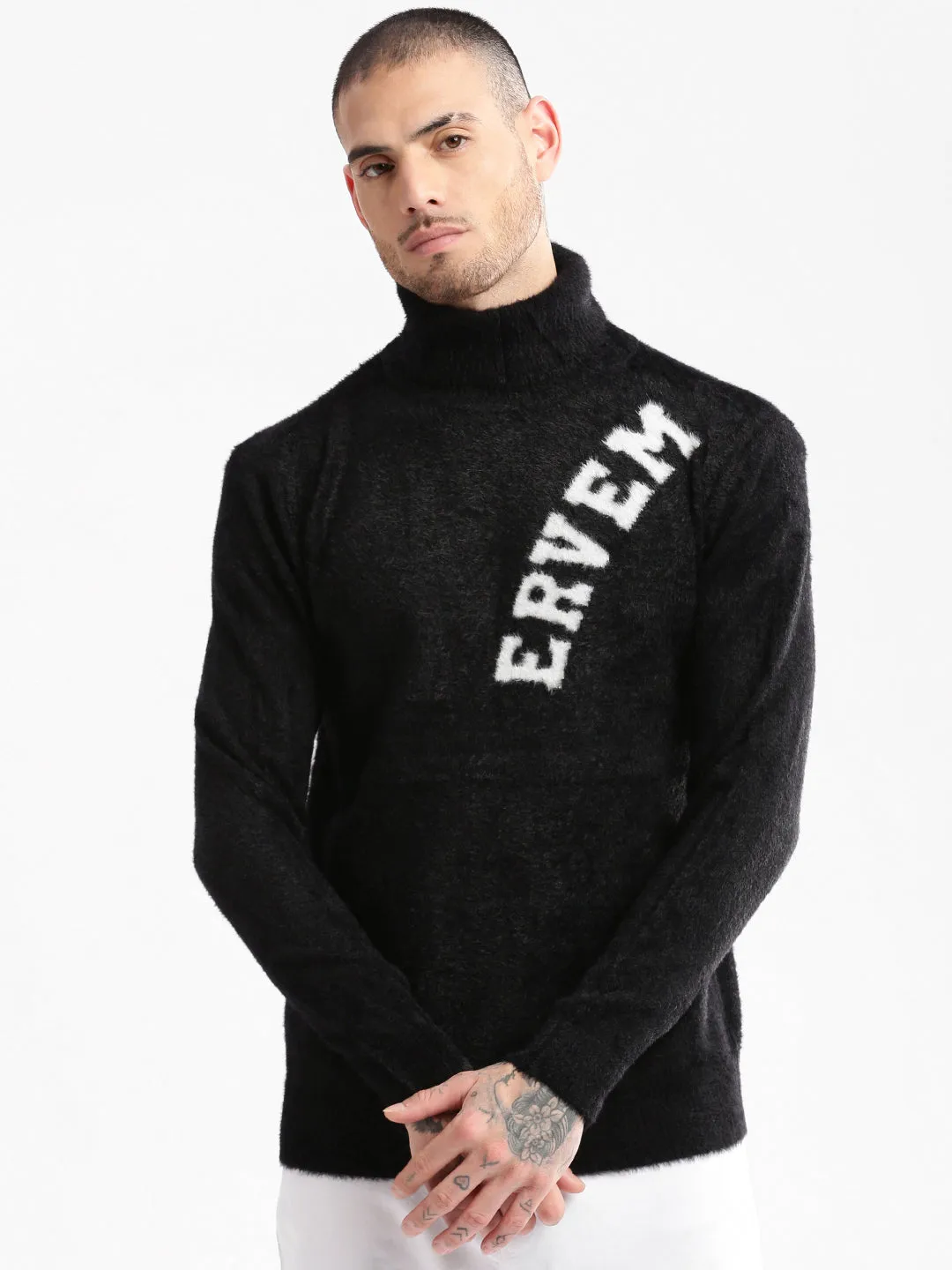 Men's Black Typography Turtle Neck Long Sleeves Pullover Double Layered Cuffs Year Round