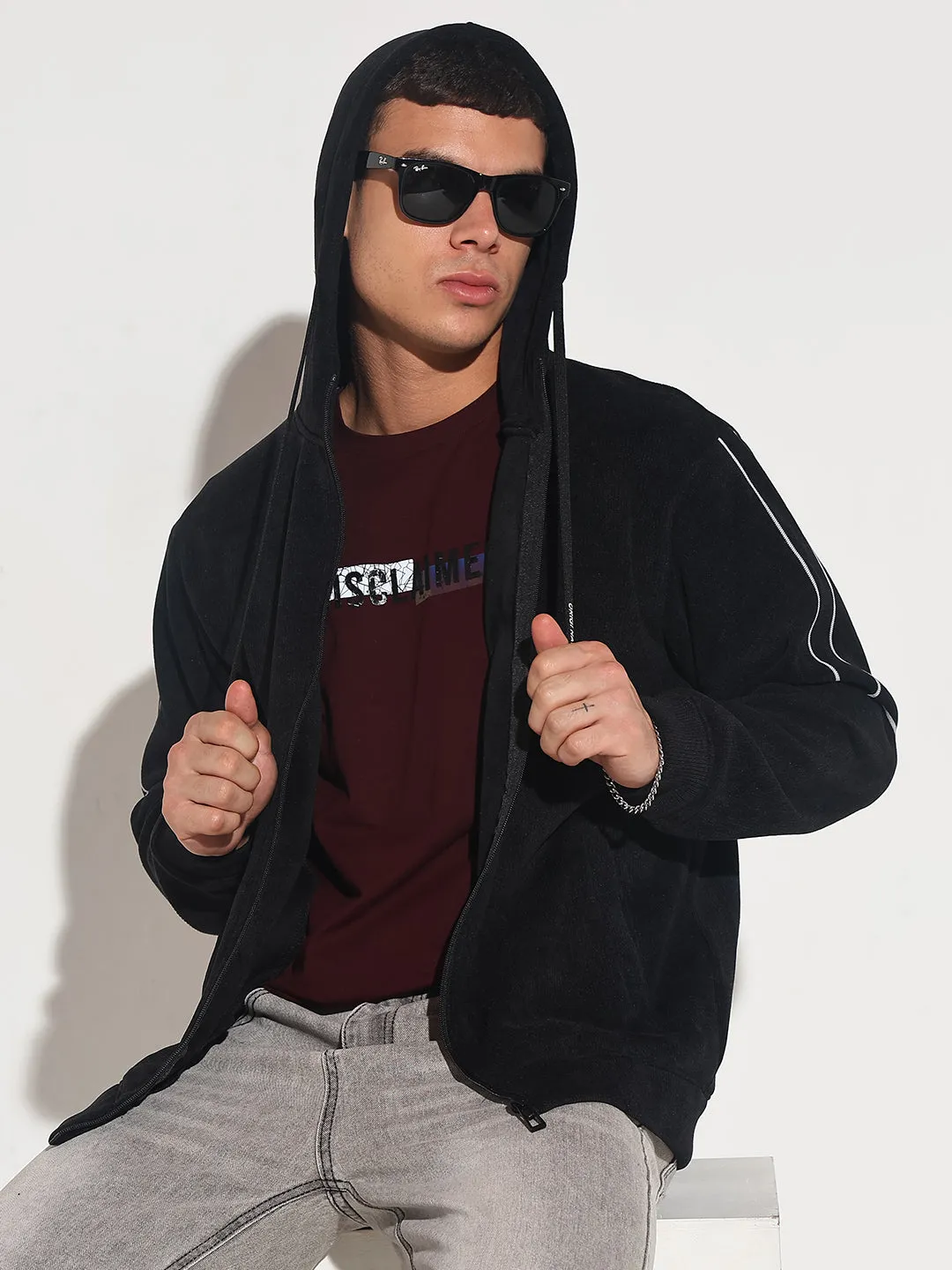 Men's Black Zip-Up Hoodie with Pocket Adjustable Hood