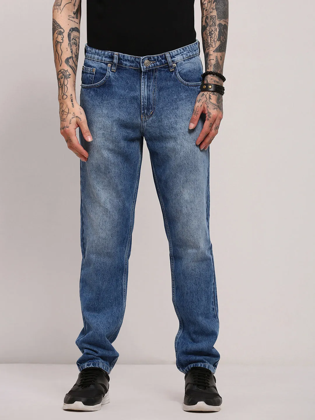 Men's Blue Casual Mid-Wash Relaxed Jeans Go-To Garment Daily Choice