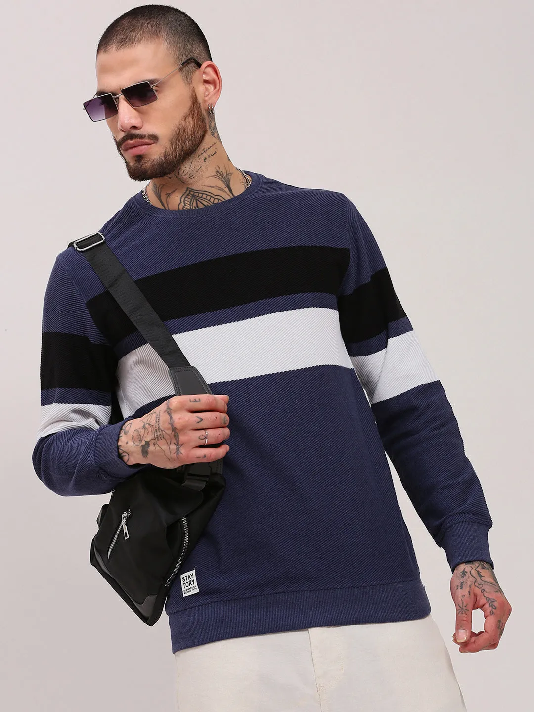 Stretch Ribbing Daily Wear Men's Blue Colourblocked Sweater