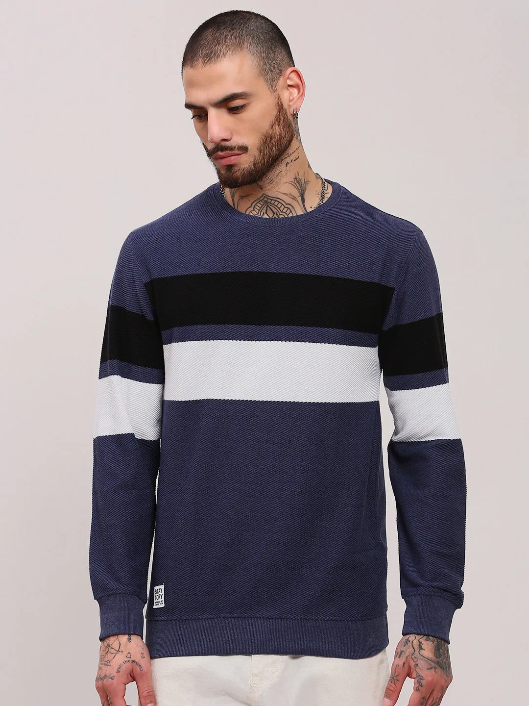 Men's Blue Colourblocked Sweater Easy Layering Ventilated Armhole Design