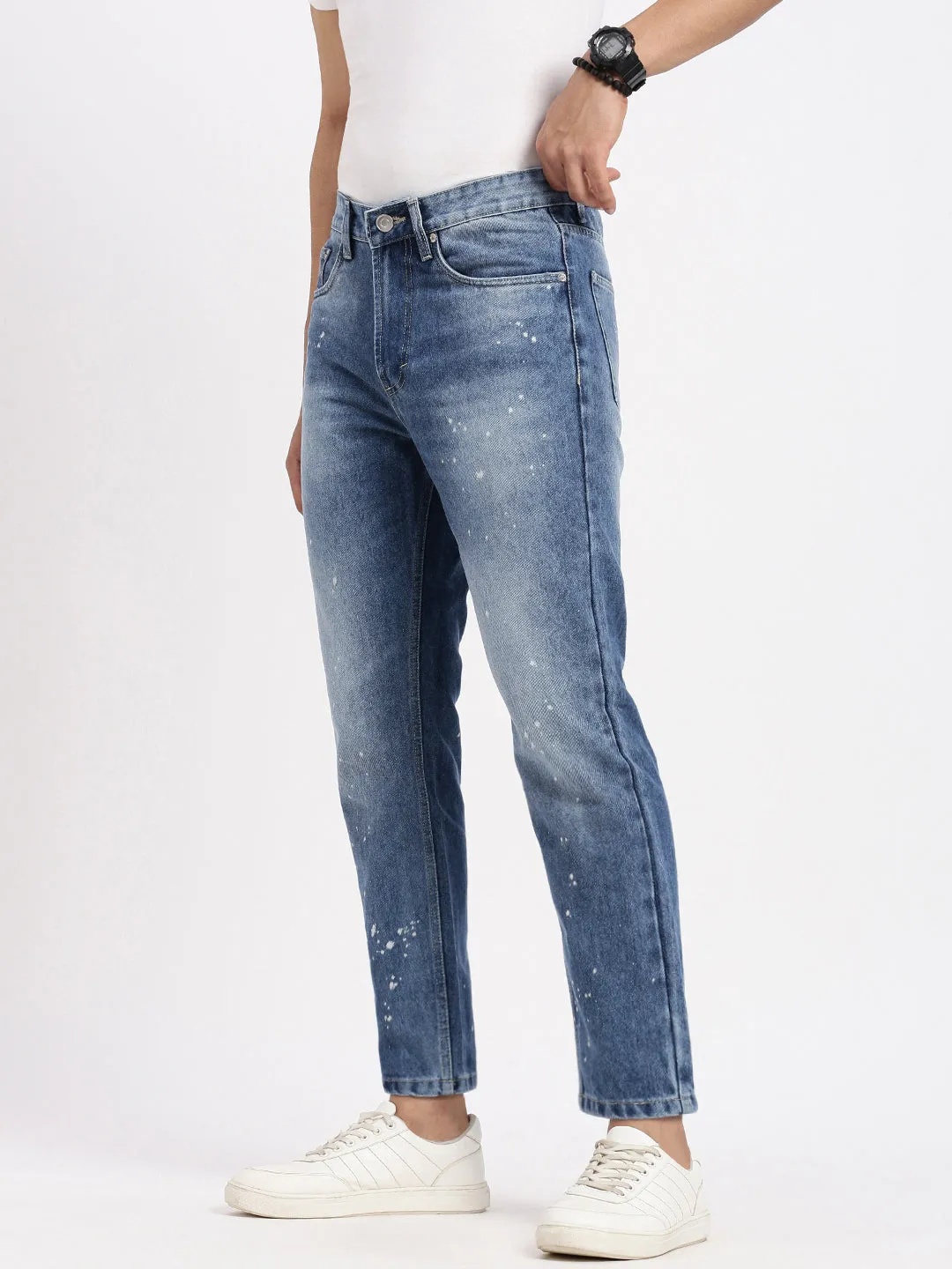 Outfit Formula Stone Wash Finish Men's Blue Comfort Low-Rise Heavy Fade Bleached Jeans