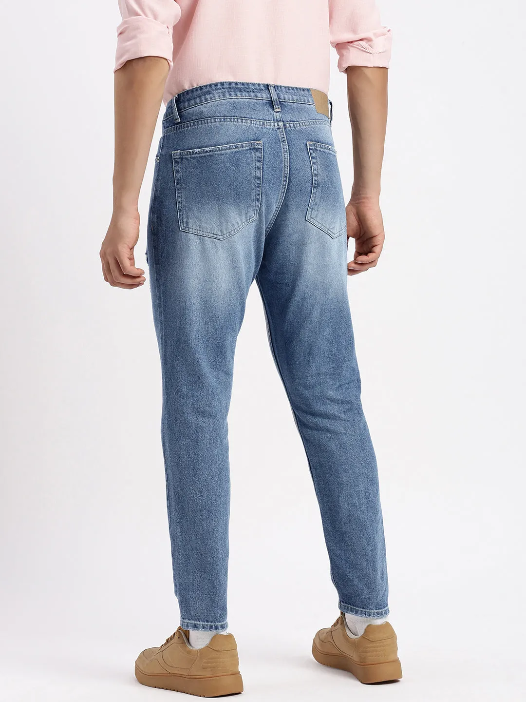 Men's Blue Comfort Low-Rise Mildly Distressed Heavy Fade Acid Wash Jeans Style Essential Double Stitched Seams