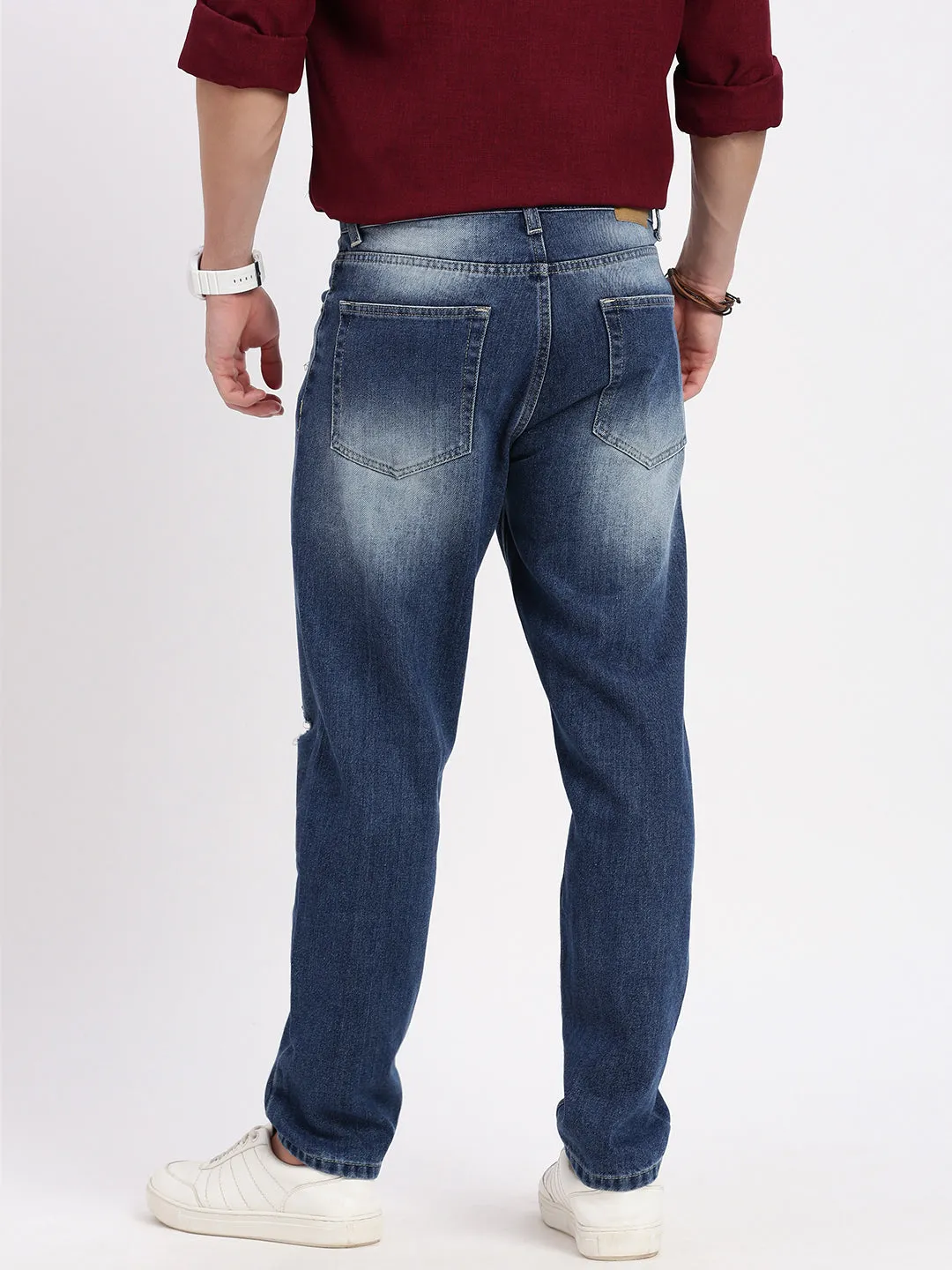 Men's Blue Comfort Low-Rise Slash Knee Heavy Fade Acid Wash Jeans Weekend Style Outdoor Adventure