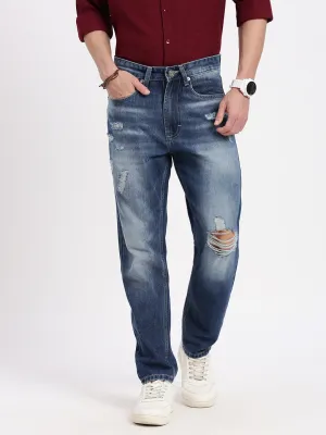 Polished Look Men's Blue Comfort Low-Rise Slash Knee Heavy Fade Acid Wash Jeans