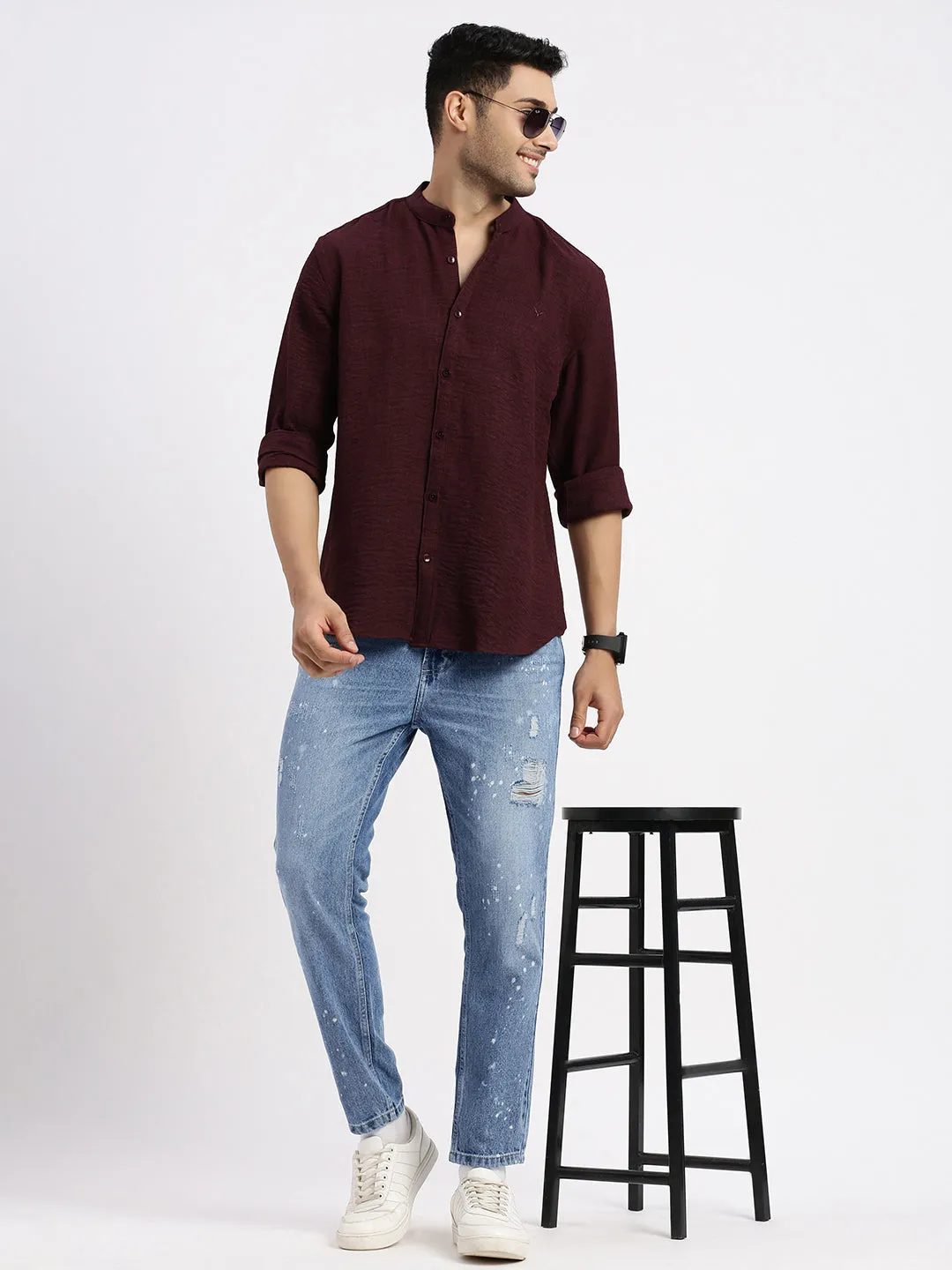 Fashion Forward Men's Blue Comfort Mid-Rise Low Distress Heavy Fade Bleached Jeans