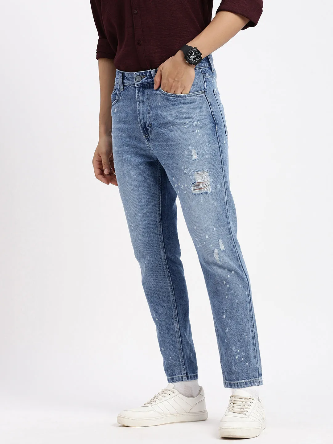 Trendy Fit Streetwear Fan Premium Men's Blue Comfort Mid-Rise Low Distress Heavy Fade Bleached Jeans