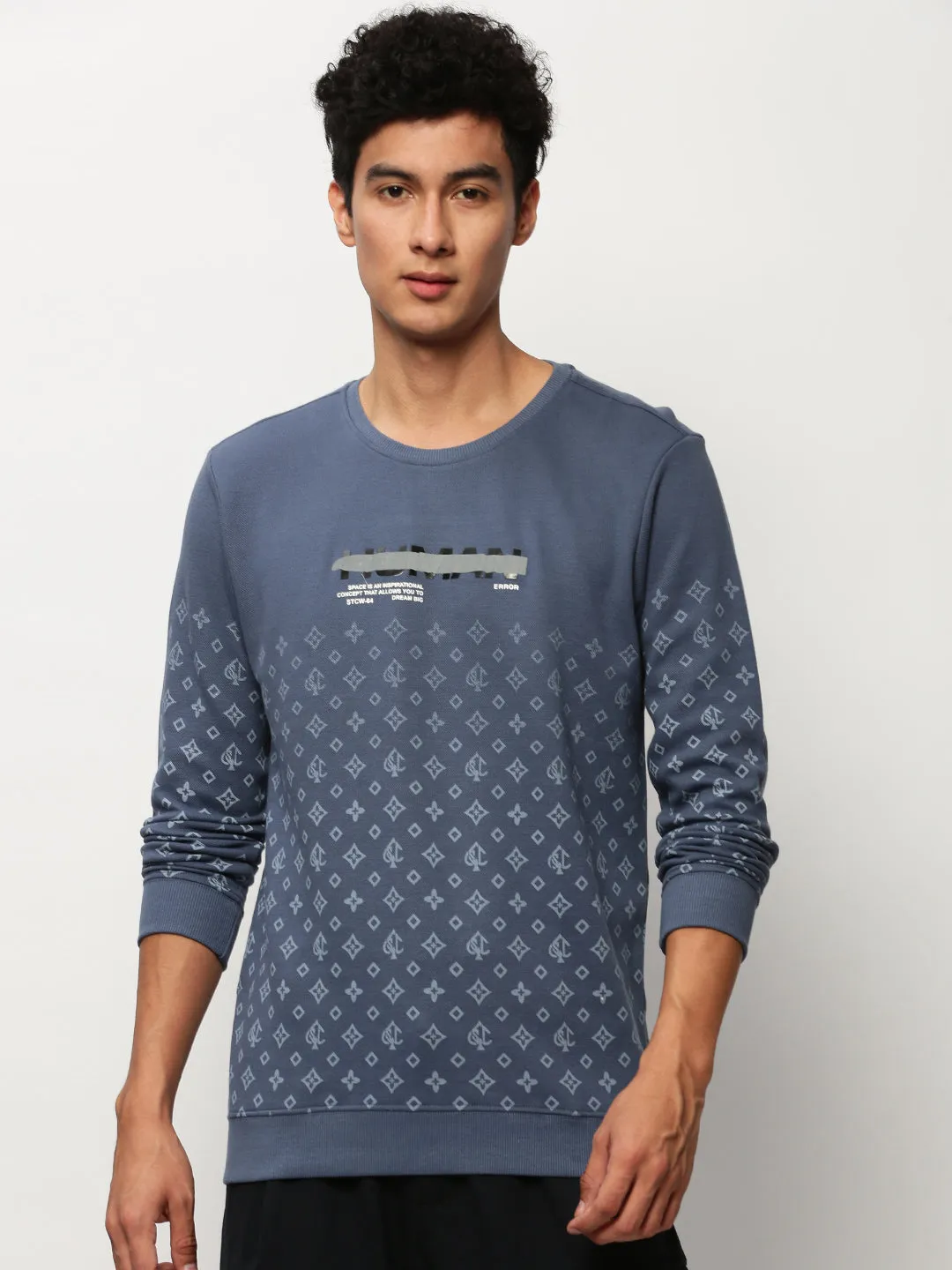 waterproof Men's Blue Conversational Printed Round Neck Cotton Pullover