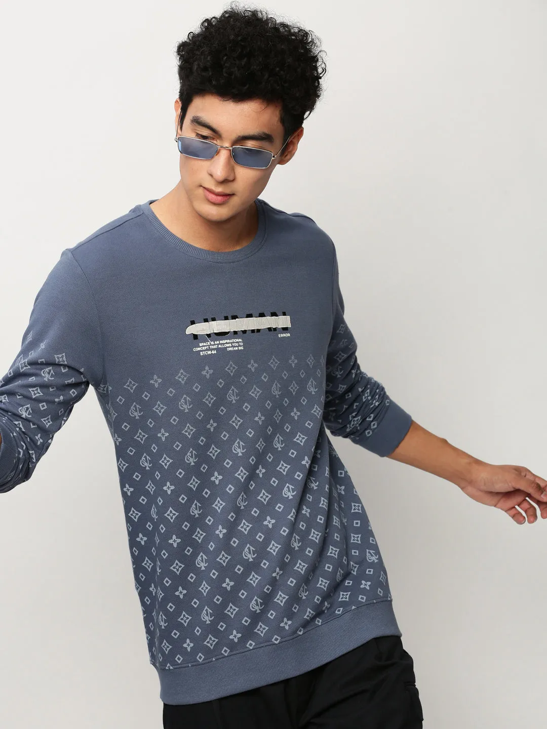 Custom made Men's Blue Conversational Printed Round Neck Cotton Pullover