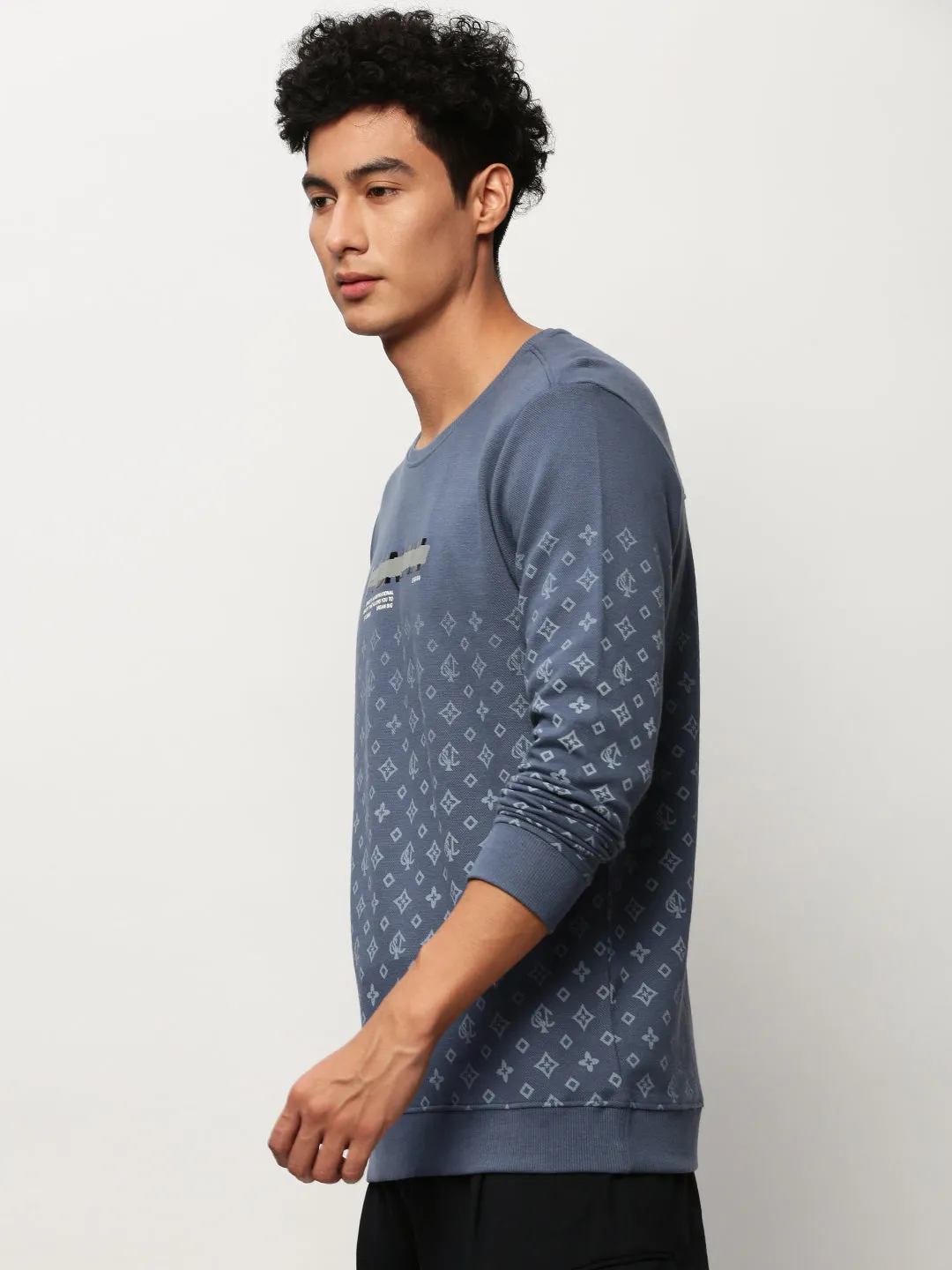 Versatile Outfit Men's Blue Conversational Printed Round Neck Cotton Pullover