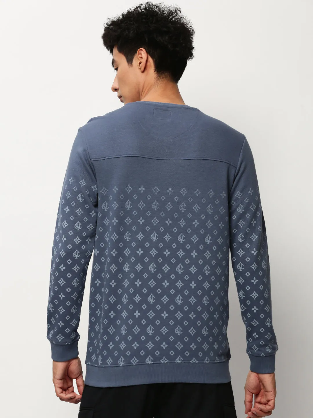 Men's Blue Conversational Printed Round Neck Cotton Pullover side pocket
