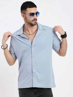 Men's Blue Cuban Collar Solid Casual Shirt GentleWaistband Dream Core