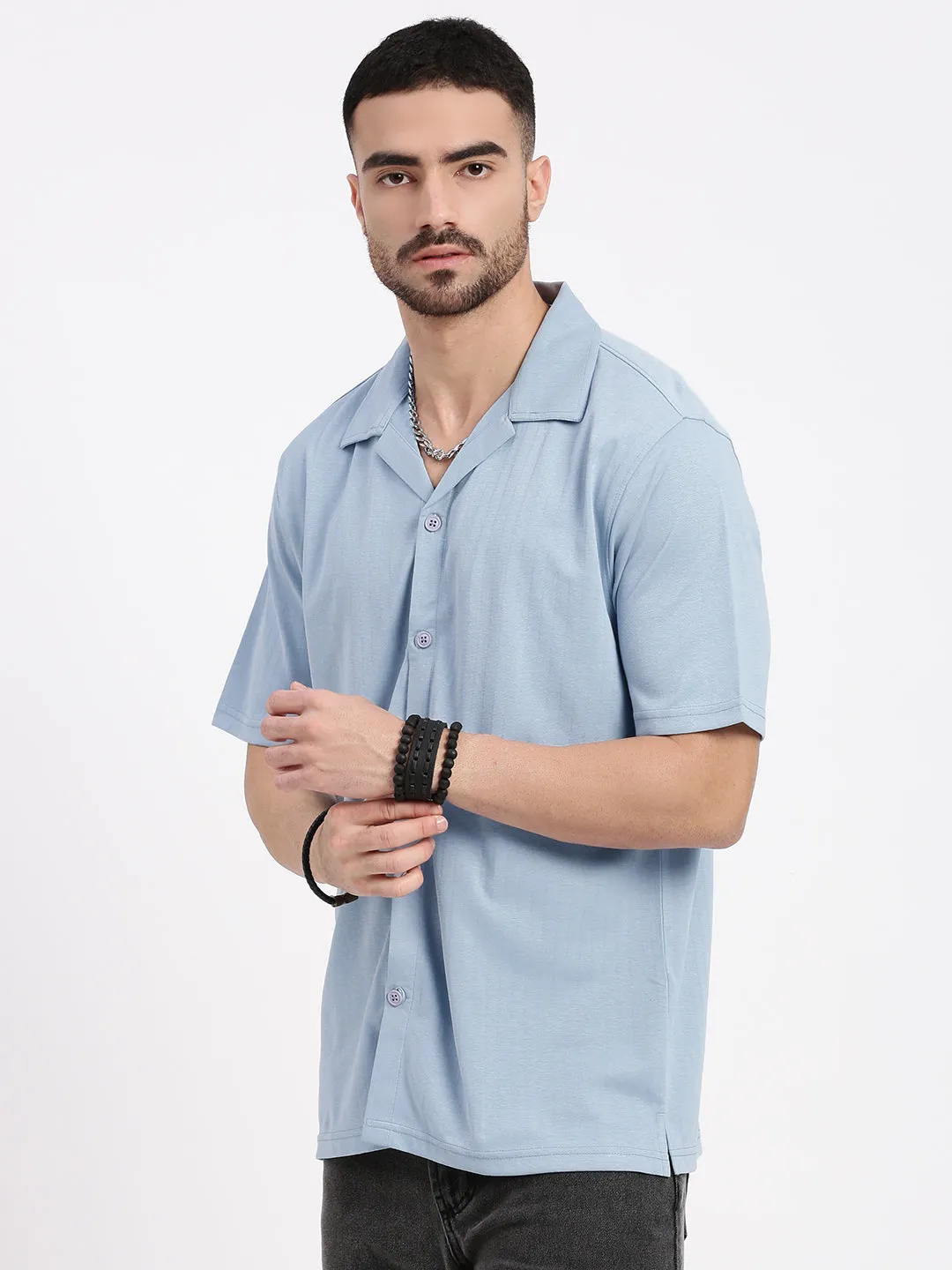 Men's Blue Cuban Collar Solid Casual Shirt High End