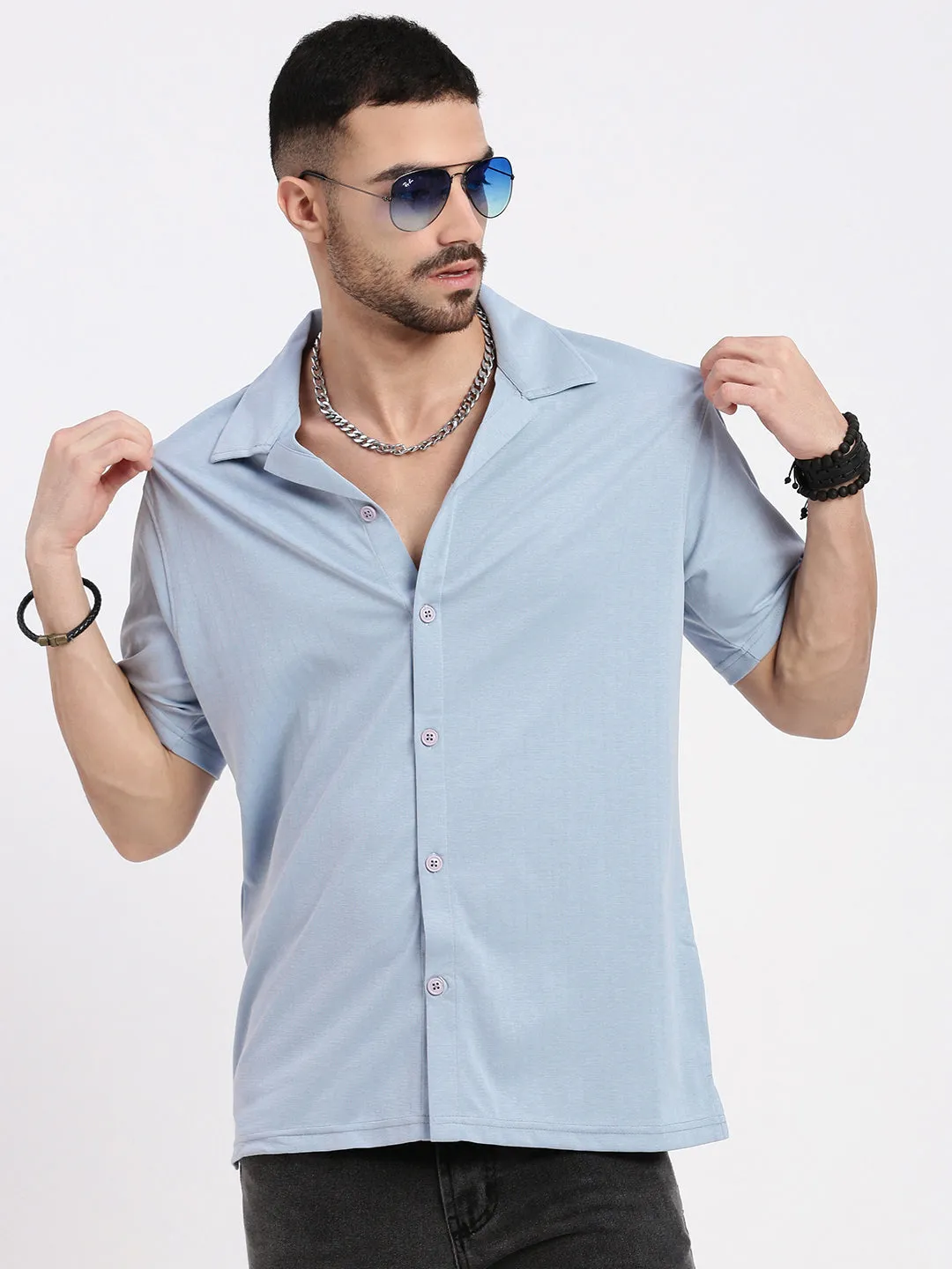 Men's Blue Cuban Collar Solid Casual Shirt GentleWaistband Dream Core