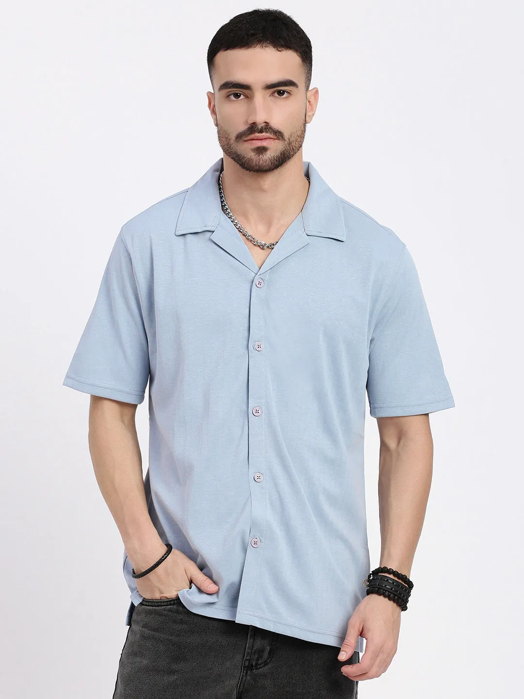 Men's Blue Cuban Collar Solid Casual Shirt HeatReflective Lining