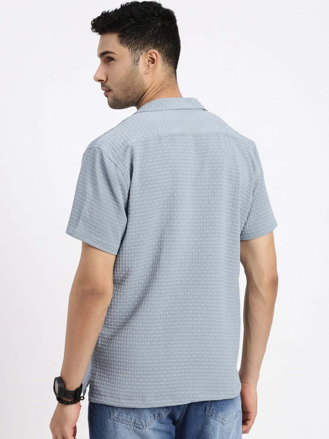 Soft Tunic Minimal Design Men's Blue Cuban Collar Solid Relaxed Fit Casual Shirt