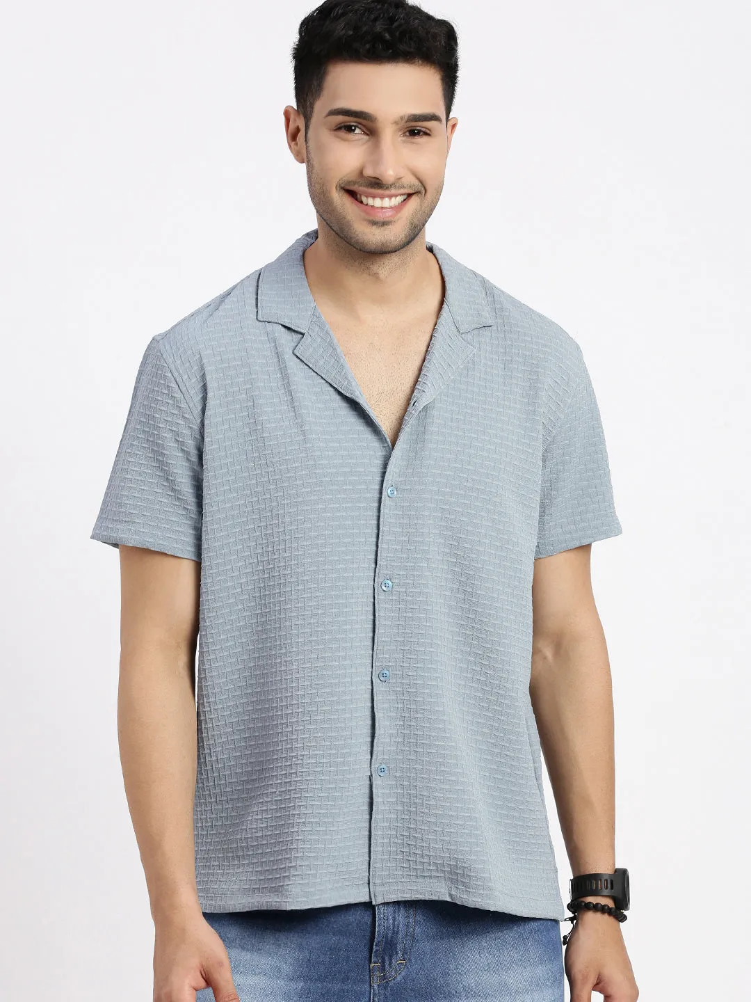 Clean Cut Men's Blue Cuban Collar Solid Relaxed Fit Casual Shirt