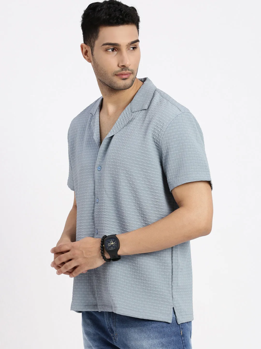 Functional Fashion Men's Blue Cuban Collar Solid Relaxed Fit Casual Shirt