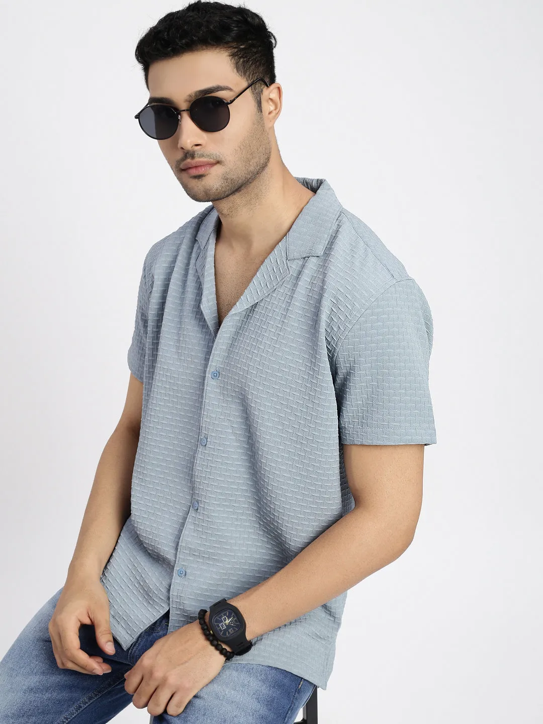 Men's Blue Cuban Collar Solid Relaxed Fit Casual Shirt Comfortable fit