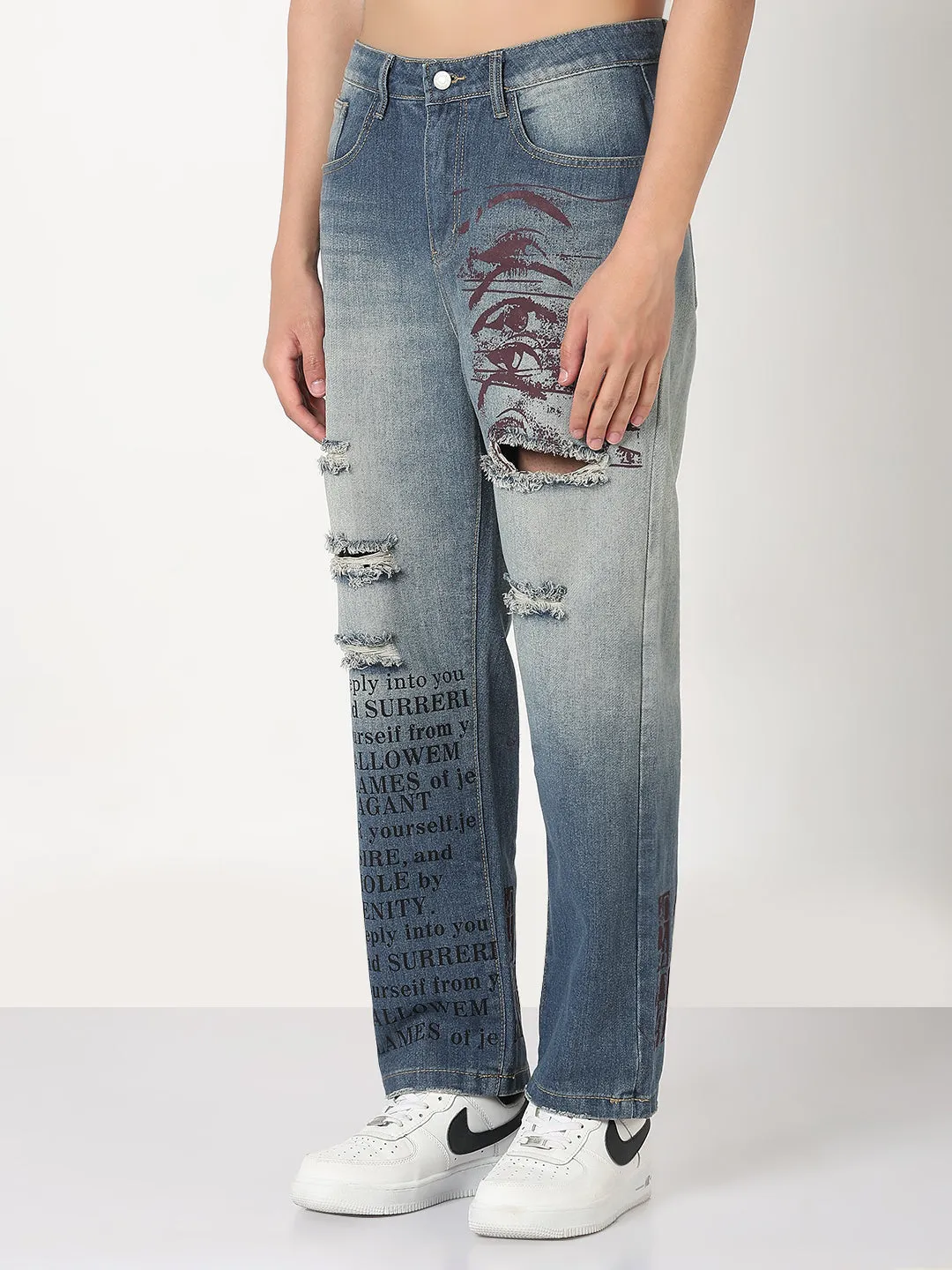 Men's Blue Graphic Print Distressed Straight Fit Jeans Flattering Fit