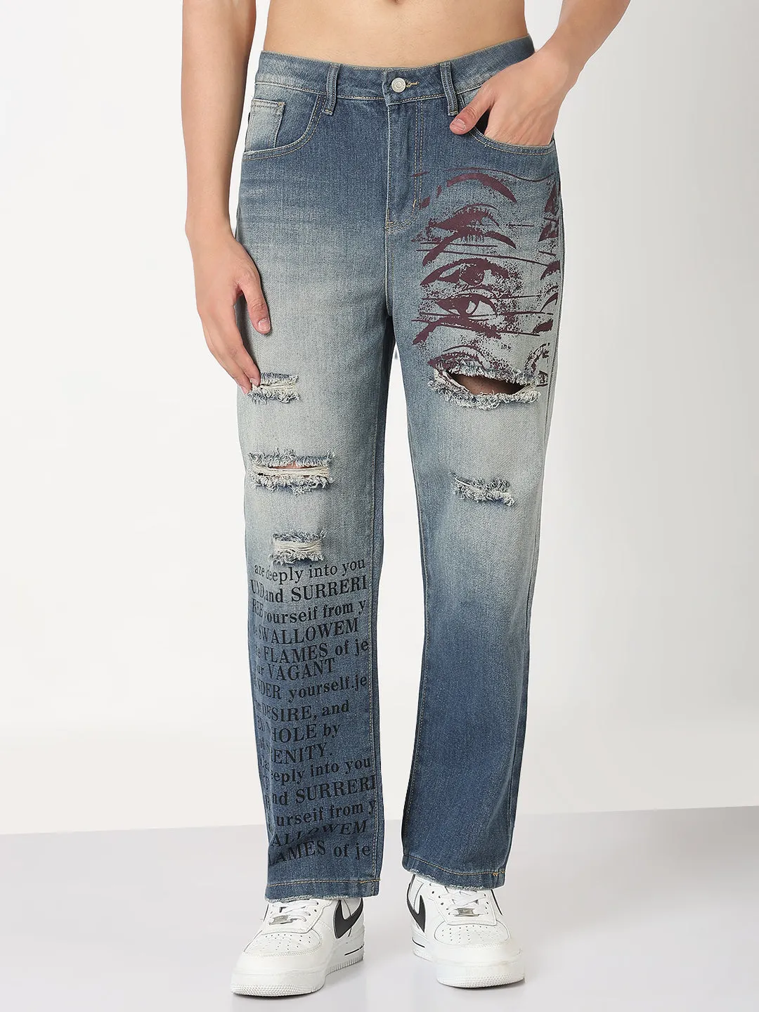 Men's Blue Graphic Print Distressed Straight Fit Jeans Stretch Fabric