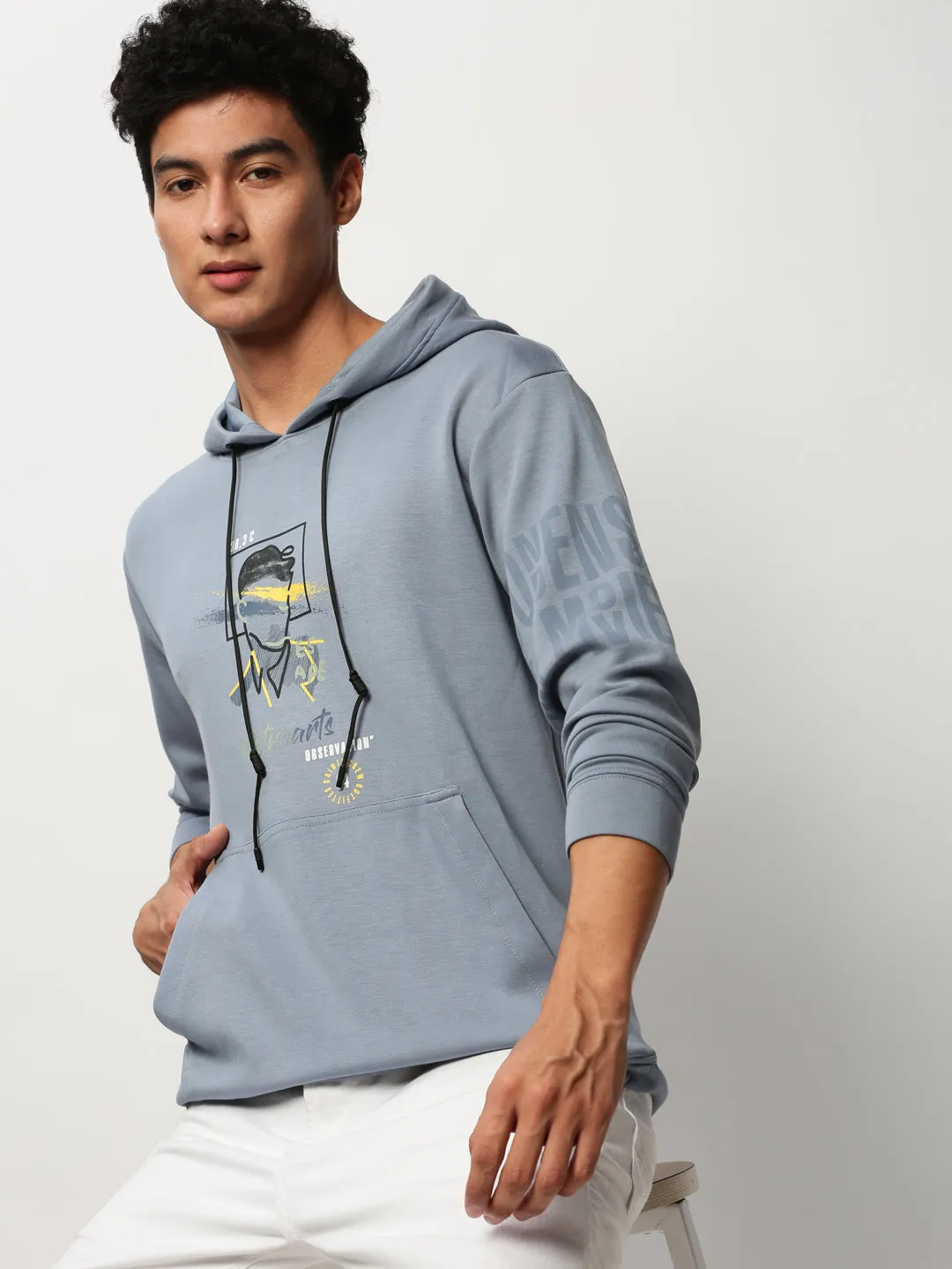 weekday wear Men's Blue Graphic Printed Hooded Cotton Sweatshirt